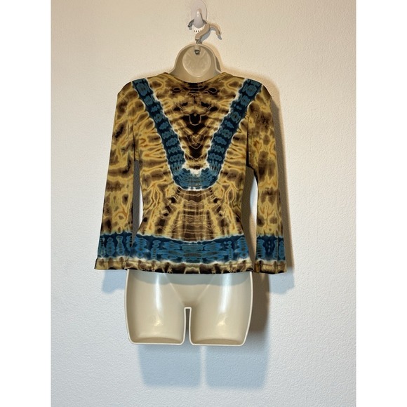 Y2K Henley Shirt Size Small Rib Knit Tie Dye Boho Festival Party - Picture 9 of 9